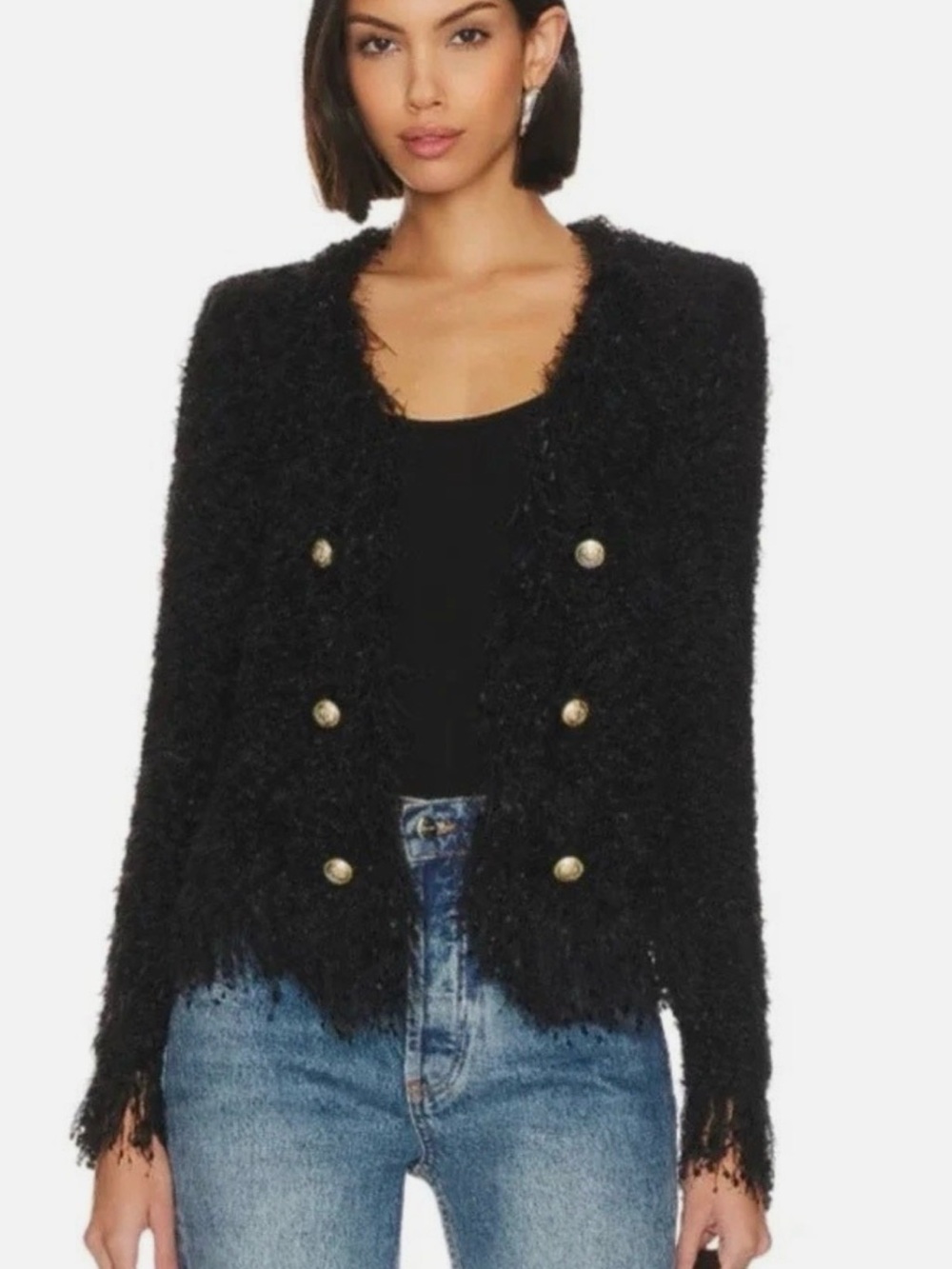 L'AGENCE Black Textured Fringe Blazer with Gold Buttons